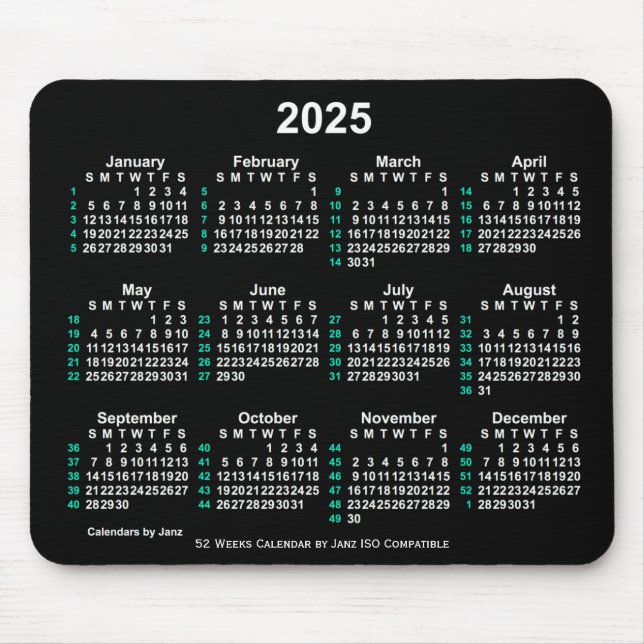 2025 Neon White 52 Weeks ISO Calendar by Janz Mouse Pad (Front)