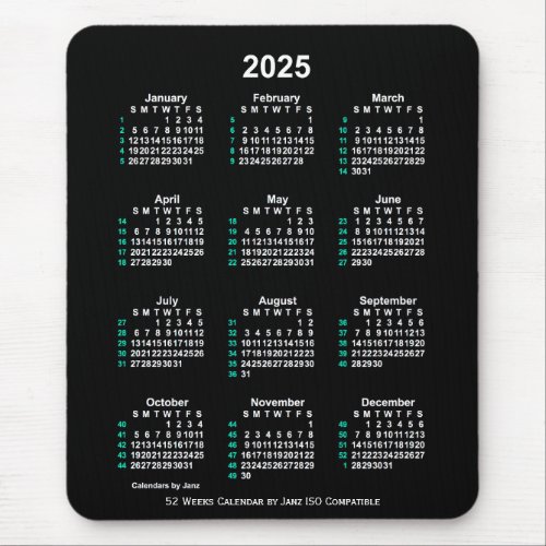 2025 Neon White 52 Weeks ISO Calendar by Janz Mouse Pad