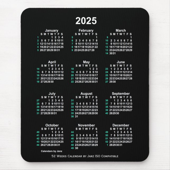 2025 Neon White 52 Weeks ISO Calendar by Janz Mouse Pad (Front)