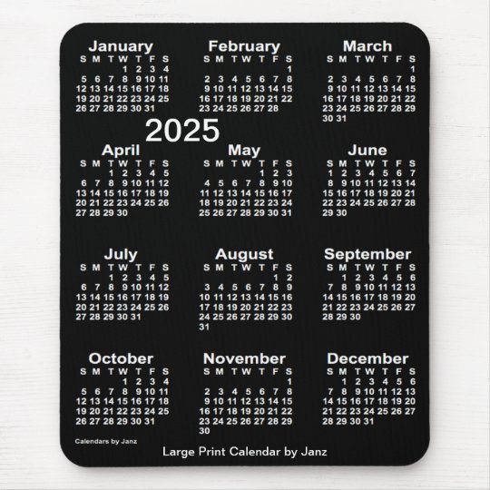 2025 Neon White Large Print Calendar by Janz Mouse Pad | Zazzle.com