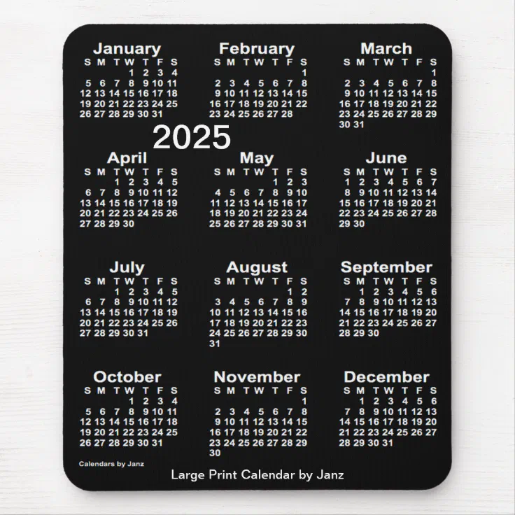 2025 Neon White Large Print Calendar by Janz Mouse Pad Zazzle