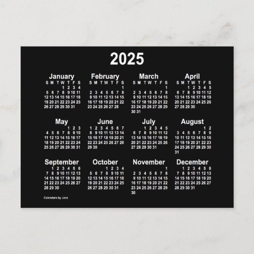 2025 Neon White Mini Calendar by Janz Postcard