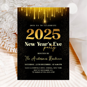 2025 New Year's Eve Party Gold Glitter Invitation