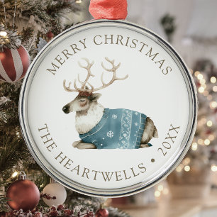 2025 Personalized Blue Reindeer Merry Christmas Metal Ornament