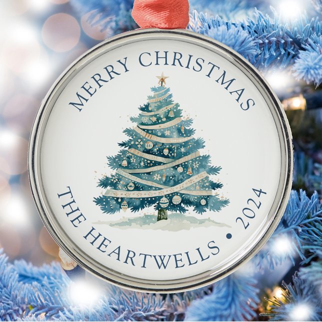 2025 Personalized Blue Watercolor Christmas Tree Metal Ornament (Creator Uploaded)