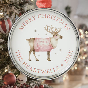 2025 Personalized Pink Reindeer Merry Christmas Metal Ornament