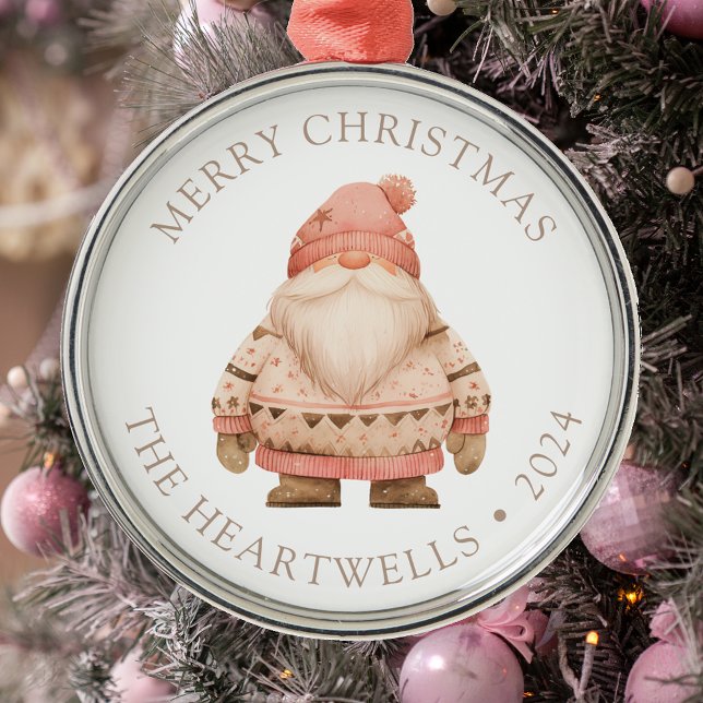 2025 Personalized Pink Santa Gnome Merry Christmas Metal Ornament (Creator Uploaded)