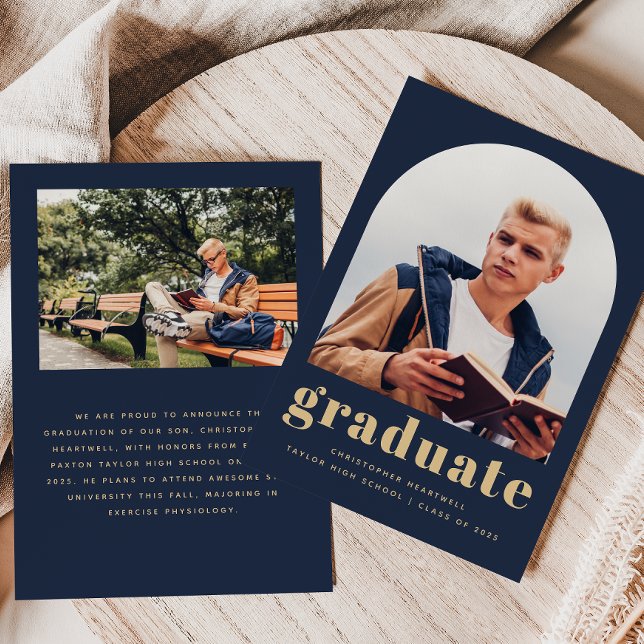 2025 Photo Arch Classic Navy Blue Gold Graduation Announcement (Creator Uploaded)
