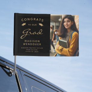 2025 Photo Black and Gold Graduation Car Flag