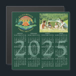 2025 Photo Calendar Camping Family Reunion Green<br><div class="desc">This magnetic 2025 calendar on a dark green background was designed for a camping theme Family Reunion. The template makes it easy to upload a custom photo and customize the text with your family name. The design features a vintage sunset illustration with tents in a pine tree forest near a...</div>