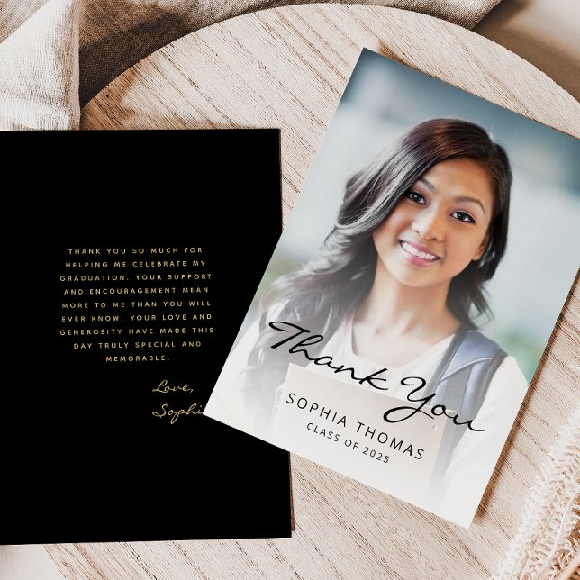 2025 Photo Classic Modern Black Gold Thank You Card (Creator Uploaded)