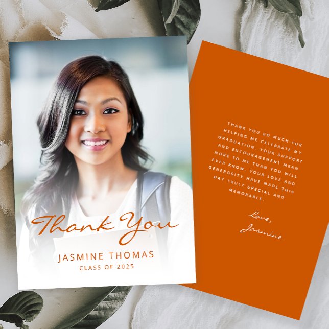 2025 Photo Classic Modern Burnt Orange White Thank You Card (Creator Uploaded)
