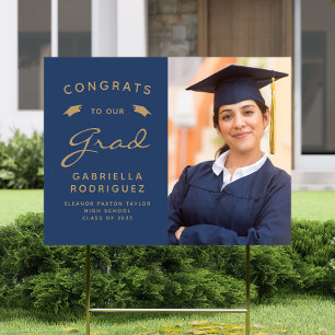 2025 Photo Navy Blue and Gold Graduation Yard Sign