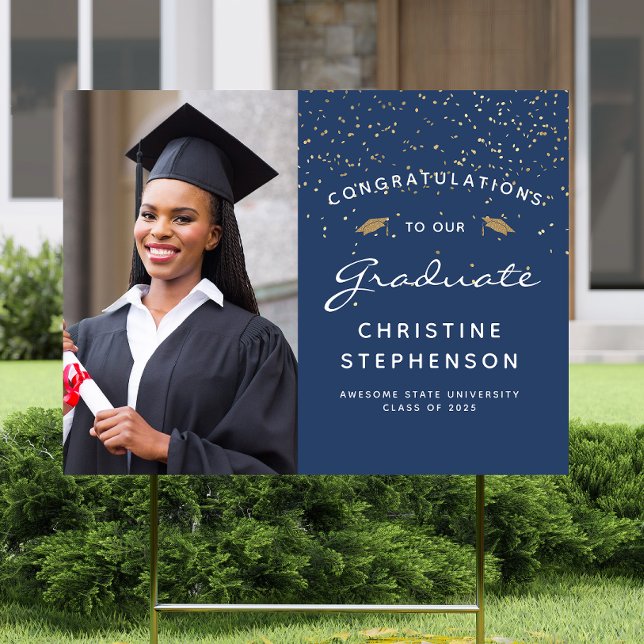 2025 Photo Script Navy Blue White Gold Yard Sign (Creator Uploaded)