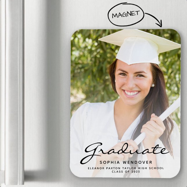 2025 Photo White Black Script Grad Announcement Magnet (Creator Uploaded)