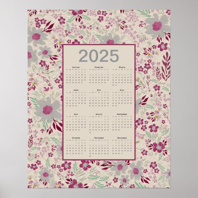 2025 Pink Gray Floral Pattern Calendar Poster (Front)