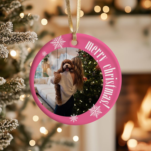 2025 Pink Retro Merry Christmas Glitter Photo Ceramic Ornament (Creator Uploaded)