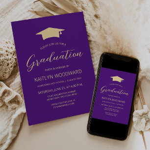 2025 Purple Gold Cap Modern Graduation Party Invitation