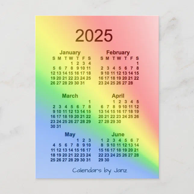 2025 Rainbow 6 Month Mini Calendar By Janz Postcard Zazzle 7923