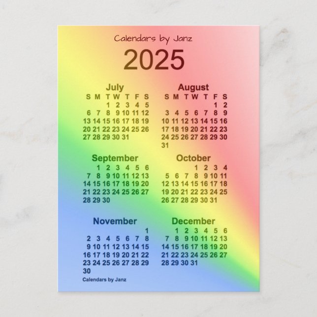 2025 Rainbow 6 Month Mini Calendar by Janz Postcard (Front)