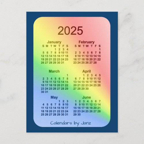 2025 Rainbow Blue 6 Month Mini Calendar by Janz Postcard