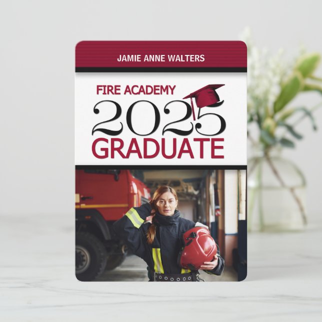 2025 Red and White Photo Fire Academy Graduation Invitation (Standing Front)