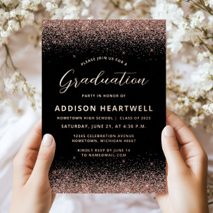 2025 Rose Gold Glitter Black Graduation Party Foil Invitation