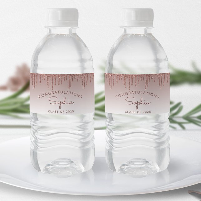 2025 Rose Gold Glitter Drip Graduation Party Water Bottle Label (Creator Uploaded)