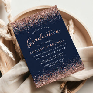2025 Rose Gold Glitter Navy Blue Graduation Party Invitation