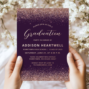 2025 Rose Gold Glitter Purple Graduation Party Foil Invitation