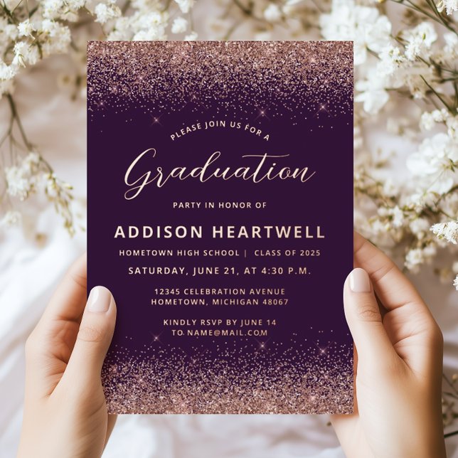 2025 Rose Gold Glitter Purple Graduation Party Foil Invitation (Creator Uploaded)