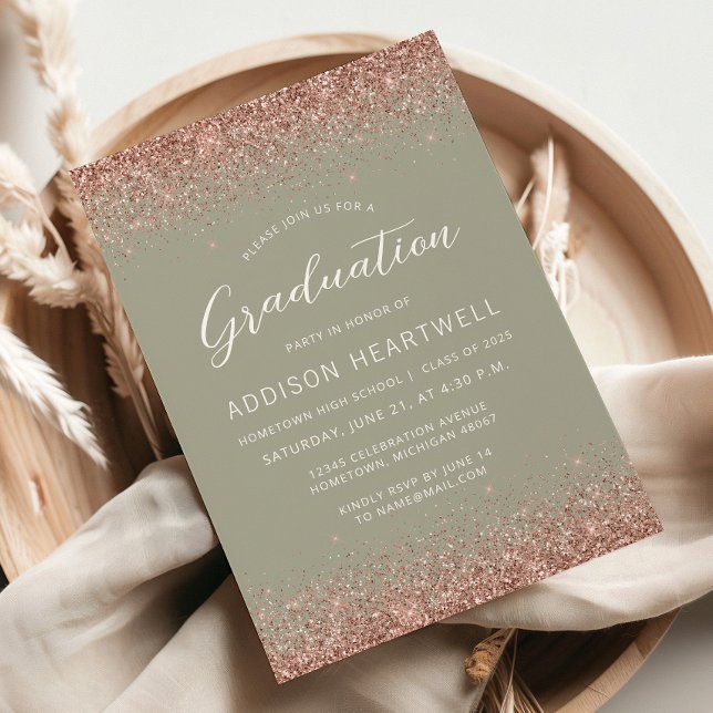 2025 Rose Gold Glitter Sage Green Graduation Party Invitation (Creator Uploaded)