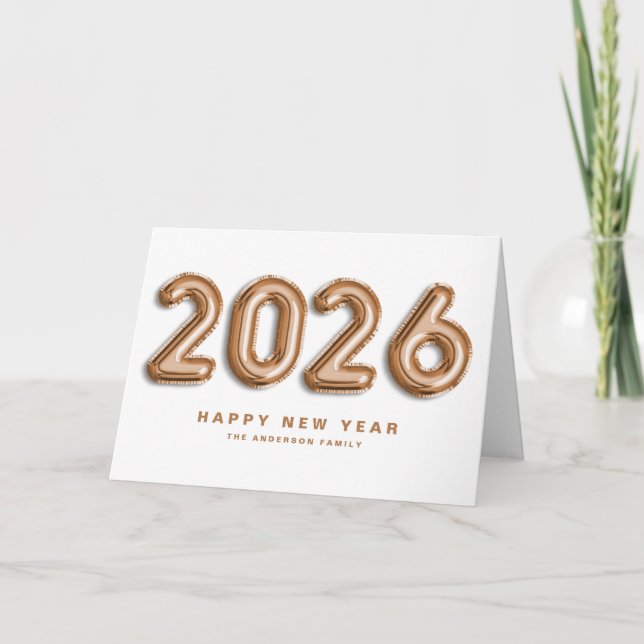 2025 Rose Gold Mylar Balloons Happy New Year Holiday Card (Front)