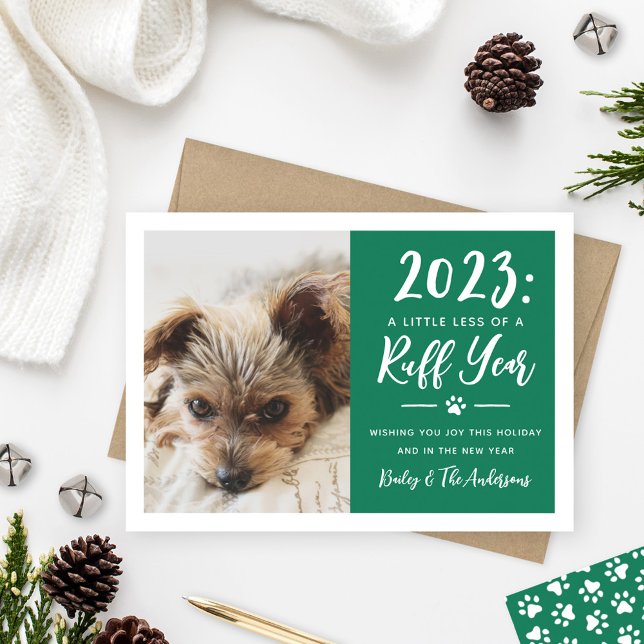 2025 Ruff Year Green Funny Dog Photo Holiday Card (Creator Uploaded)