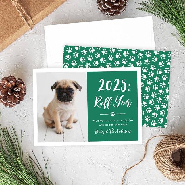 2025 Ruff Year Green Funny Dog Photo Paw Prints Holiday Card (Creator Uploaded)