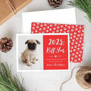2025 Ruff Year Red Funny Dog Photo Paw Prints Holiday Card