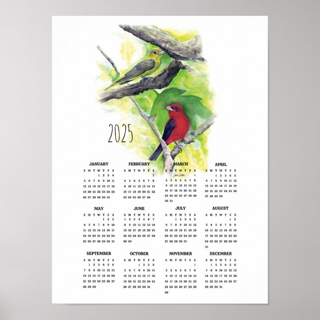 2025 Scarlet Tanager Couple Poster Calendar (Front)