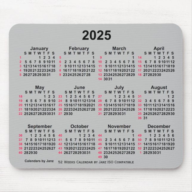 2025 Silver 52 Weeks ISO Calendar by Janz Mouse Pad (Front)