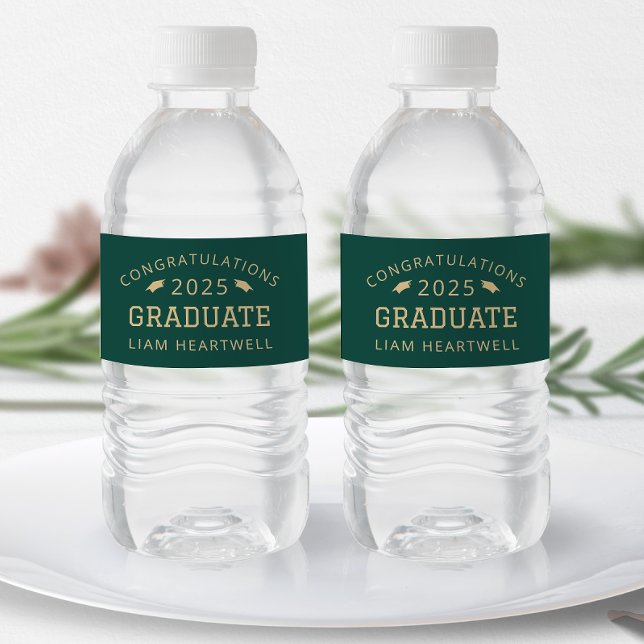 2025 Sporty Green Gold Graduation Water Bottle Label (Creator Uploaded)