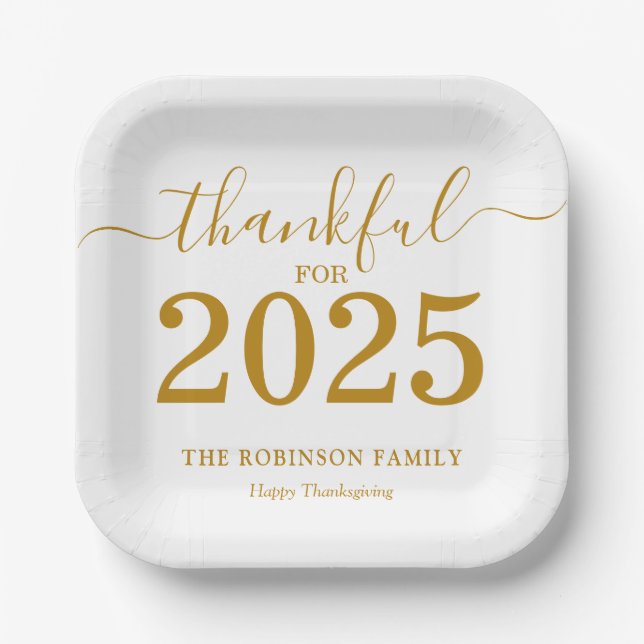 2025 Thanksgiving Gold Script Modern Paper Plates (Front)