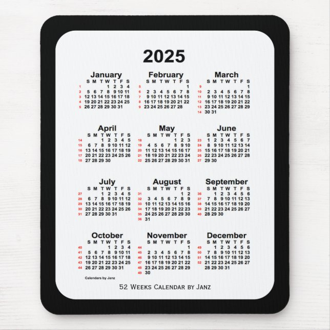 2025 Two Tone Black 52 Week Calendar by Janz Mouse Pad (Front)