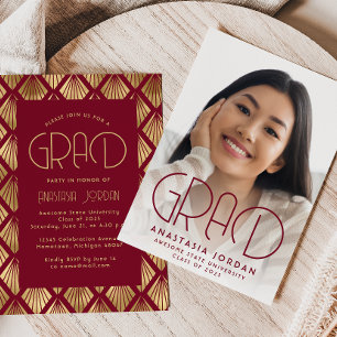 2025 Vintage Deco Burgundy Gold Graduation Party Invitation