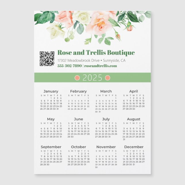 2025 Watercolor Roses Business Calendar Magnet (Front)