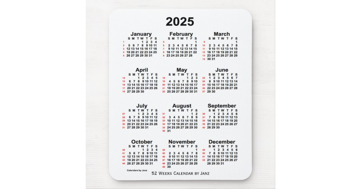 2025 White 52 Week Calendar by Janz Mouse Pad Zazzle