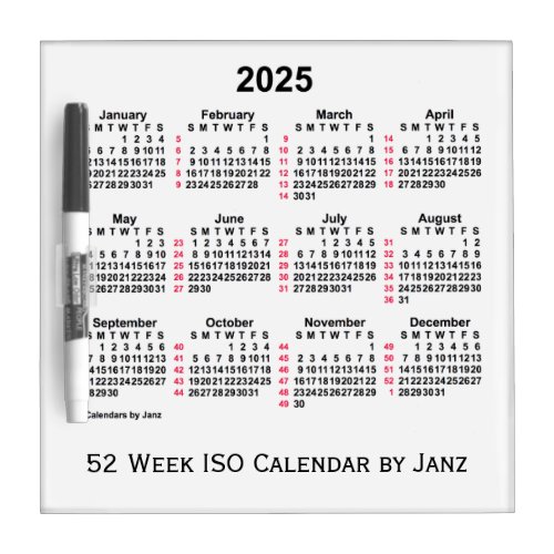 2025 White 52 Week ISO Calendar by Janz Dry Erase Board