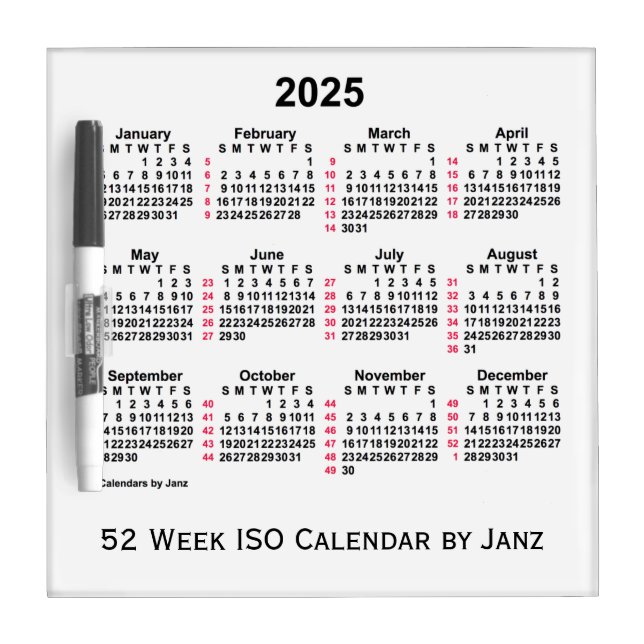 2025 White 52 Week ISO Calendar by Janz Dry Erase Board (Front)