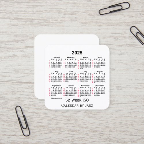 2025 White 52 Week ISO Calendar by Janz Square Business Card