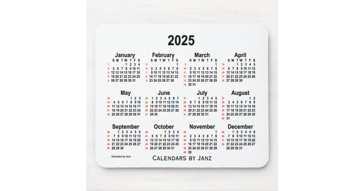 2025 White 52 Weeks Calendar by Janz Mouse Pad | Zazzle