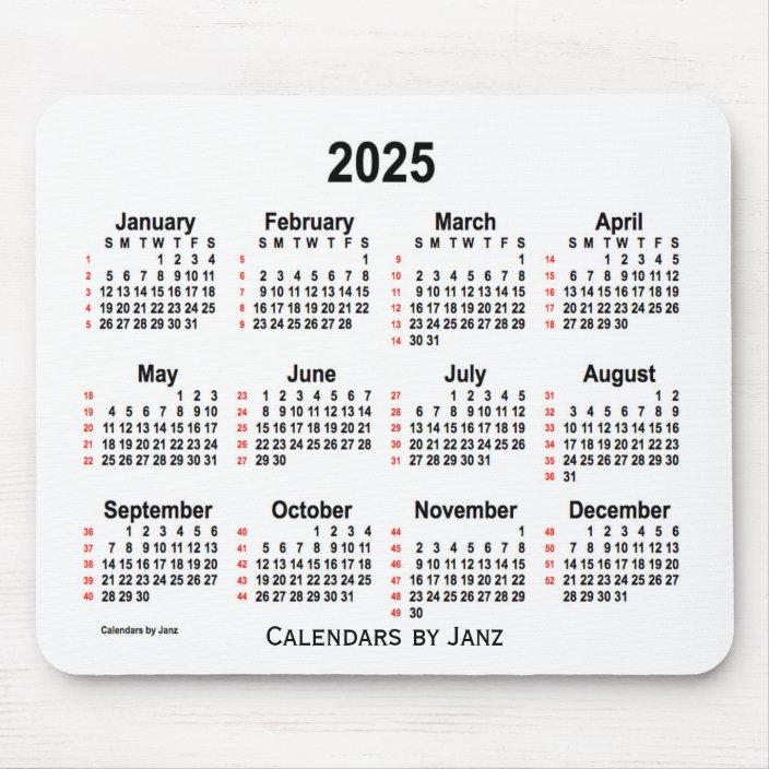 2025 White 52 Weeks Calendar by Janz Mouse Pad