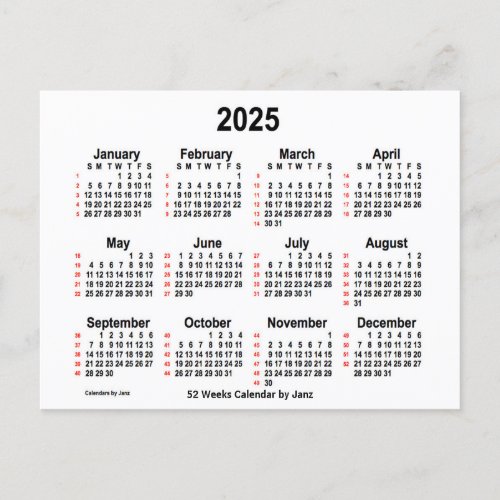 2025 White 52 Weeks Calendar by Janz Postcard